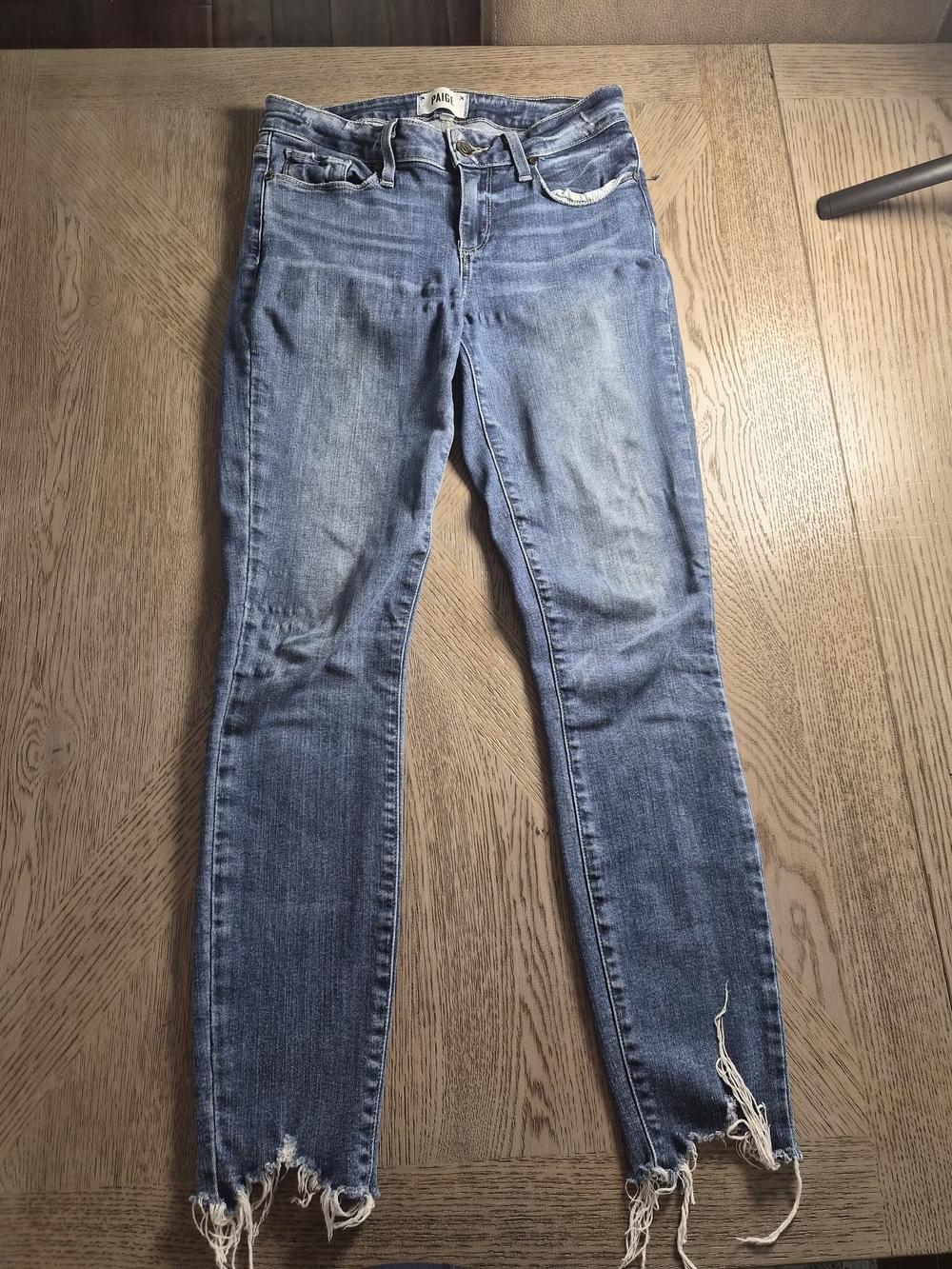 PAIGE Straight-Leg Women’s Jeans in Light Wash Blue with Frayed Hem